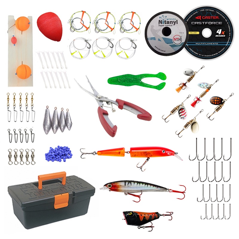 Kit Caja Pesca Completa Variada Lineas Señuelo Leader Tanza